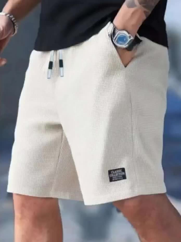 Calções Casuais Masculinos com Textura, Cintura com Cordão, Tecido Leve de Poliéster, Bolsos para Uso Diário, Praia ou Atividades ao Ar Livre | Calções com Cordão | Calções Leves