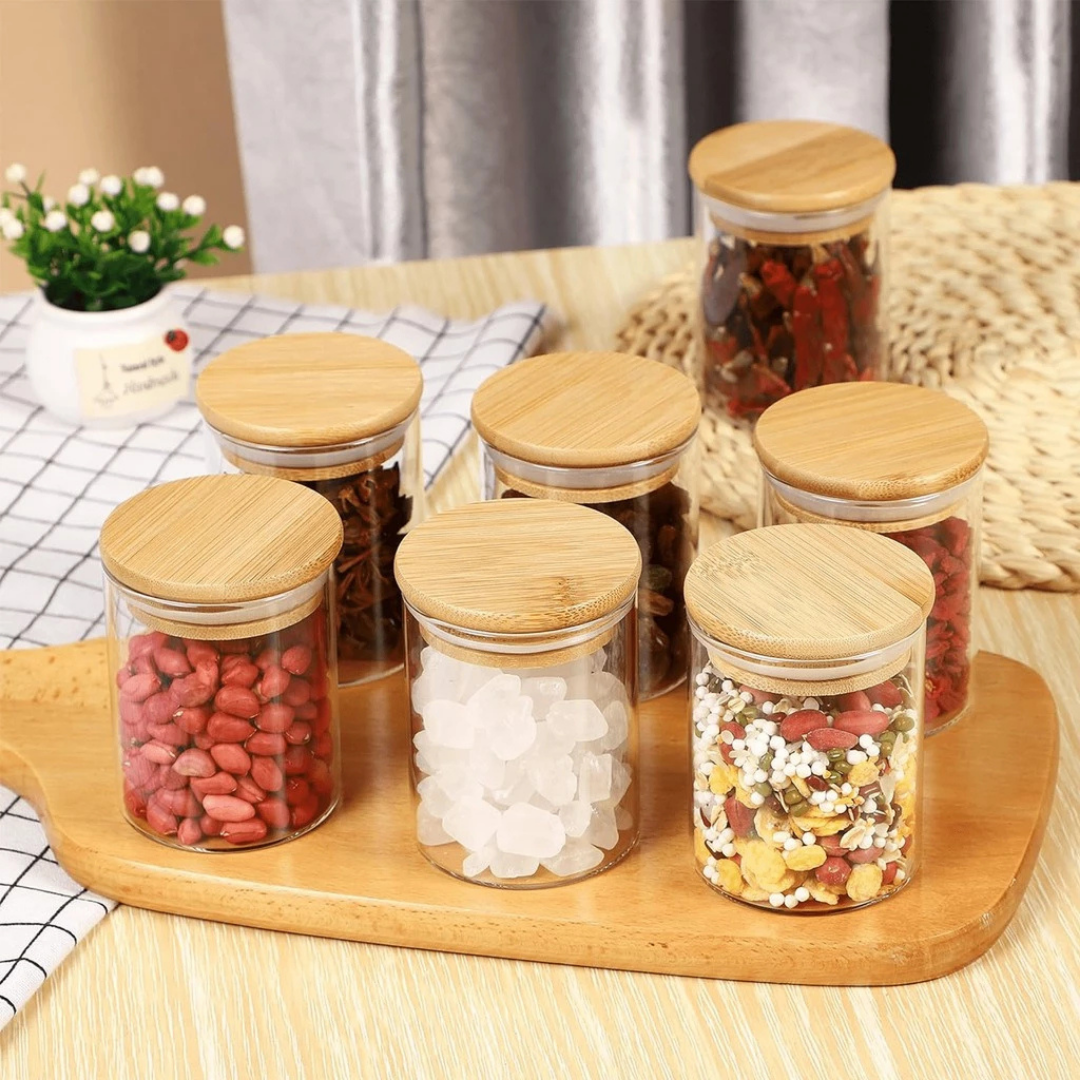 Kit 6 Potes de Vidro 200ml com Tampa de Bambu – Promoção