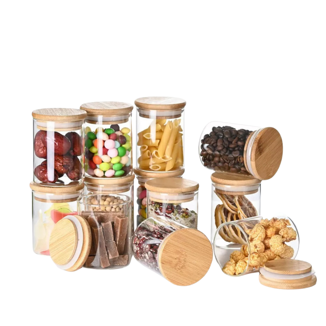 Kit 6 Potes de Vidro 200ml com Tampa de Bambu – Promoção