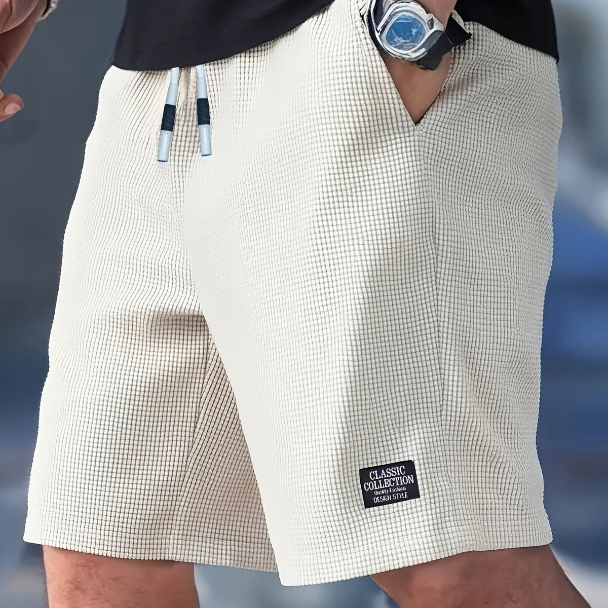 Calções Casuais Masculinos com Textura, Cintura com Cordão, Tecido Leve de Poliéster, Bolsos para Uso Diário, Praia ou Atividades ao Ar Livre | Calções com Cordão | Calções Leves