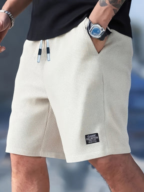 Calções Casuais Masculinos com Textura, Cintura com Cordão, Tecido Leve de Poliéster, Bolsos para Uso Diário, Praia ou Atividades ao Ar Livre | Calções com Cordão | Calções Leves
